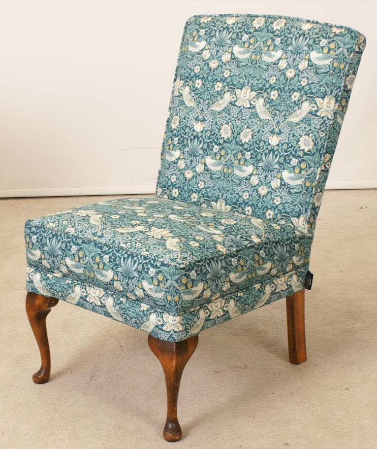 Antique Parker Knole chair in Strawberry thief Teal Clarke & Clarke