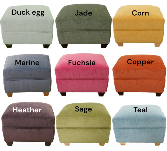Selection of colourways in the Oxford footstool range including Duck egg,  Jade, Corn, Marine, Fuchsia, Copper, Heather, Sage, Teal 