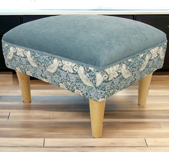 Teal Harrow footstool with plain velvet chenille top, Morris & Co small print with light wood rounded feet