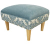 Teal Harrow footstool with plain velvet chenille top, Morris & Co small print with light wood rounded feet