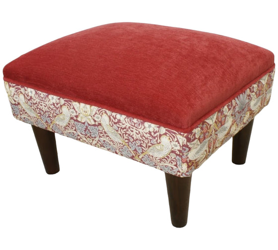 Plum Strawberry thief harrow footstool with dark wood feet and red velvet chenille top 