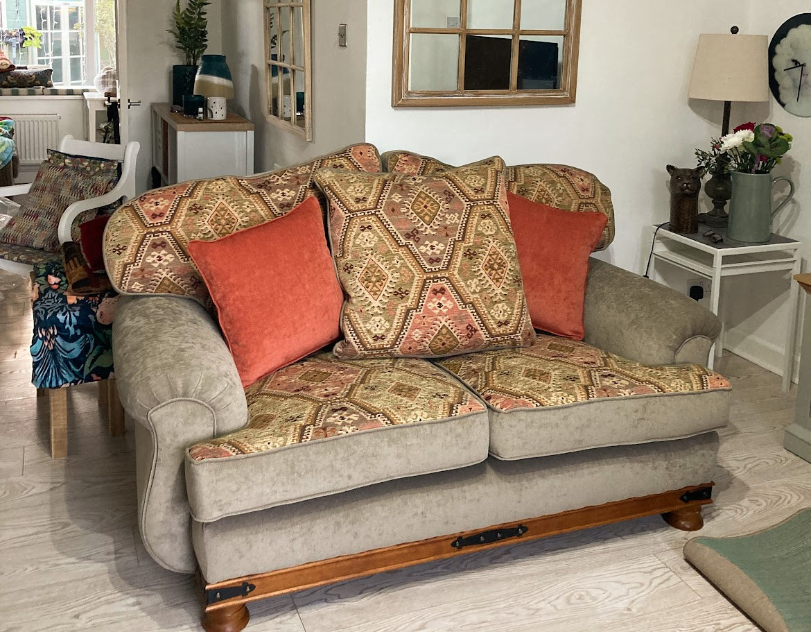Unknown 2 seater Scatter back sofa in chenille velvet moss and Kashmar Vintage