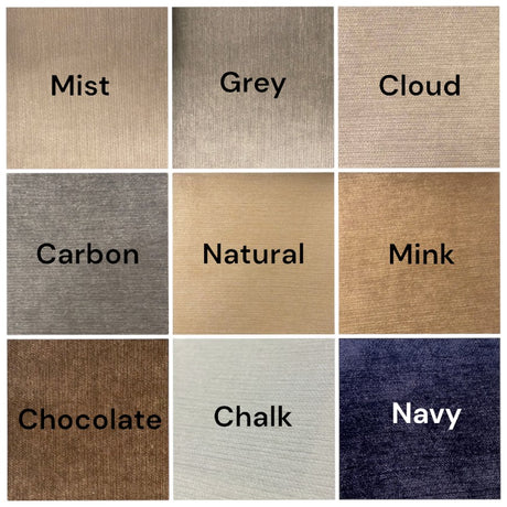 Fabric swatch colours Mist, Grey, Cloud, Carbon, Natural, Mink, Chocolate, Chalk, Navy 