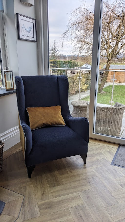 Sofology 3 seater roll arm sofa in Navy chenille velvet