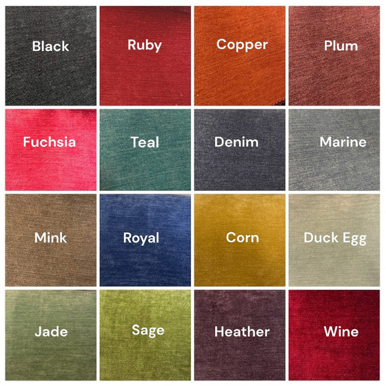 selection of colours Black, Ruby, copper, plum, Fuchsia, teal, denim, marine, mink, royal, corn, duckegg, jade, sage, heather, wine