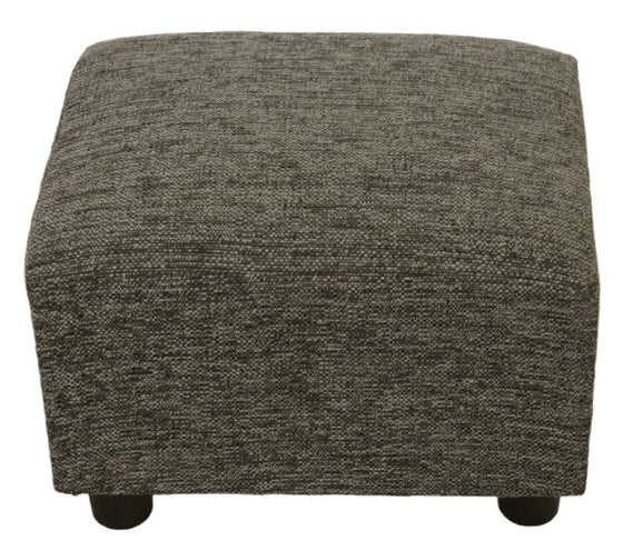 Grey fleck chenille footstool with black bun feet 