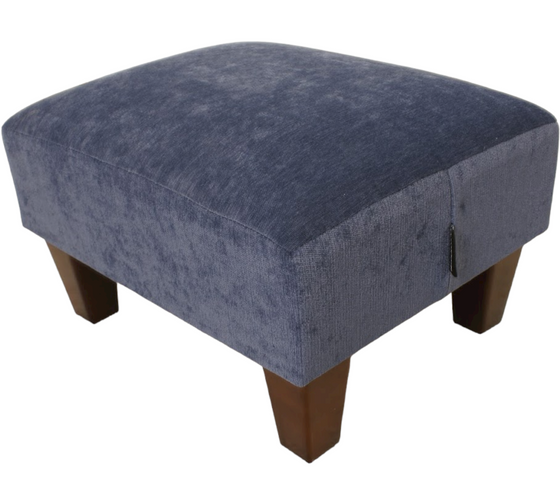 Denim Half Classic footstool in velvet chenille with Dark wood feet