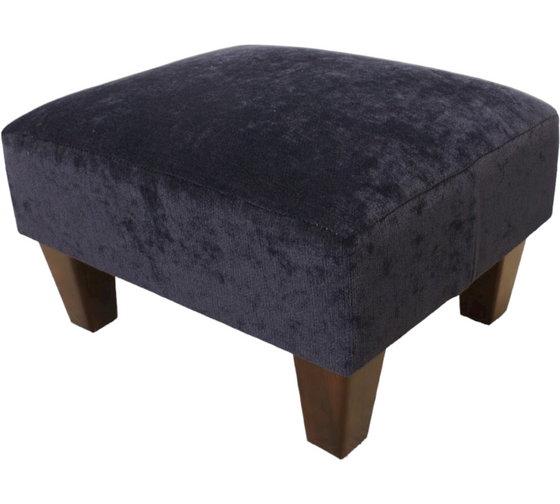 Navy Half Classic footstool in velvet chenille with Dark wood feet