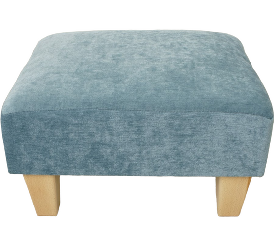 Teal Half Classic footstool in velvet chenille with light wood feet