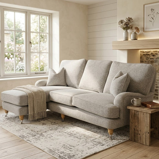 Gray sectional sofa in a living room with wooden floor and window