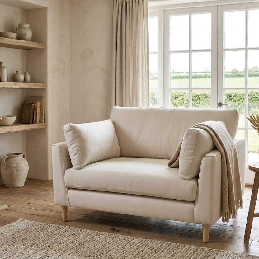 Beige sofa in a living room with large windows and wooden furniture.