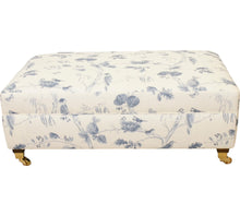  Large oblong footstool with sanderson woodland chorus fabric with woodland scenery with birds in blue and cream with brass castor foot