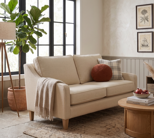 Beige sofa in a living room with a round wooden coffee table, plant, and framed pictures on the wall.