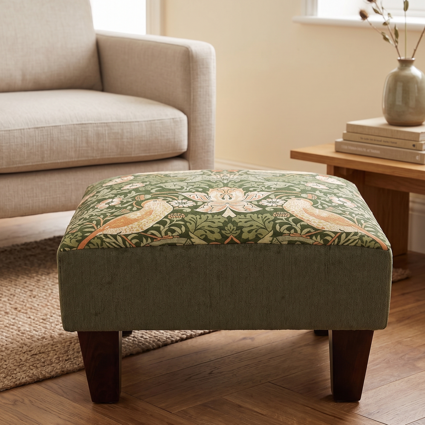 Green patterned ottoman in a living room setting with a beige sofa and wooden coffee table.