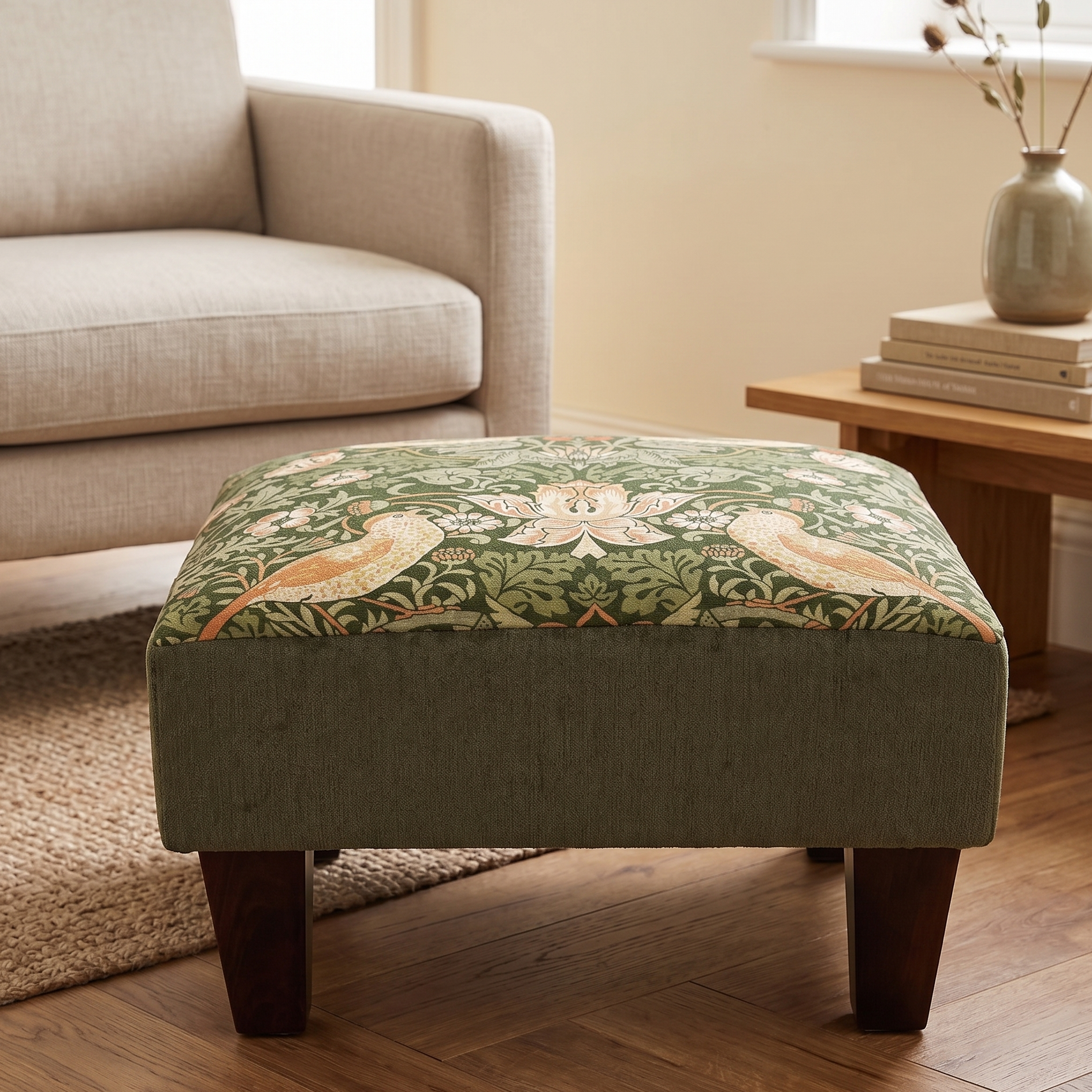 Green patterned ottoman in a living room setting with a beige sofa and wooden coffee table.