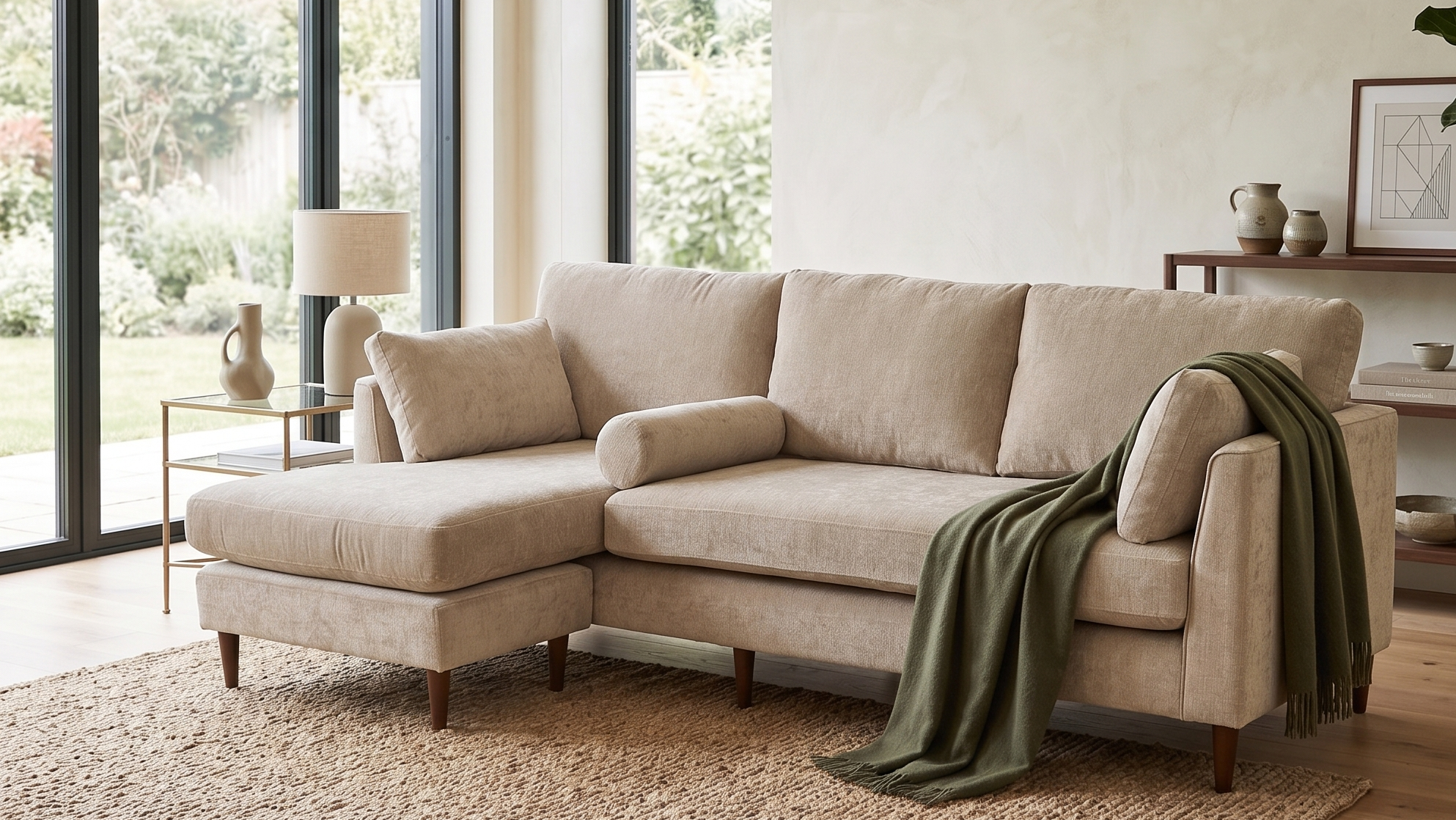 Beige sectional sofa in a living room with large windows and a rug.
