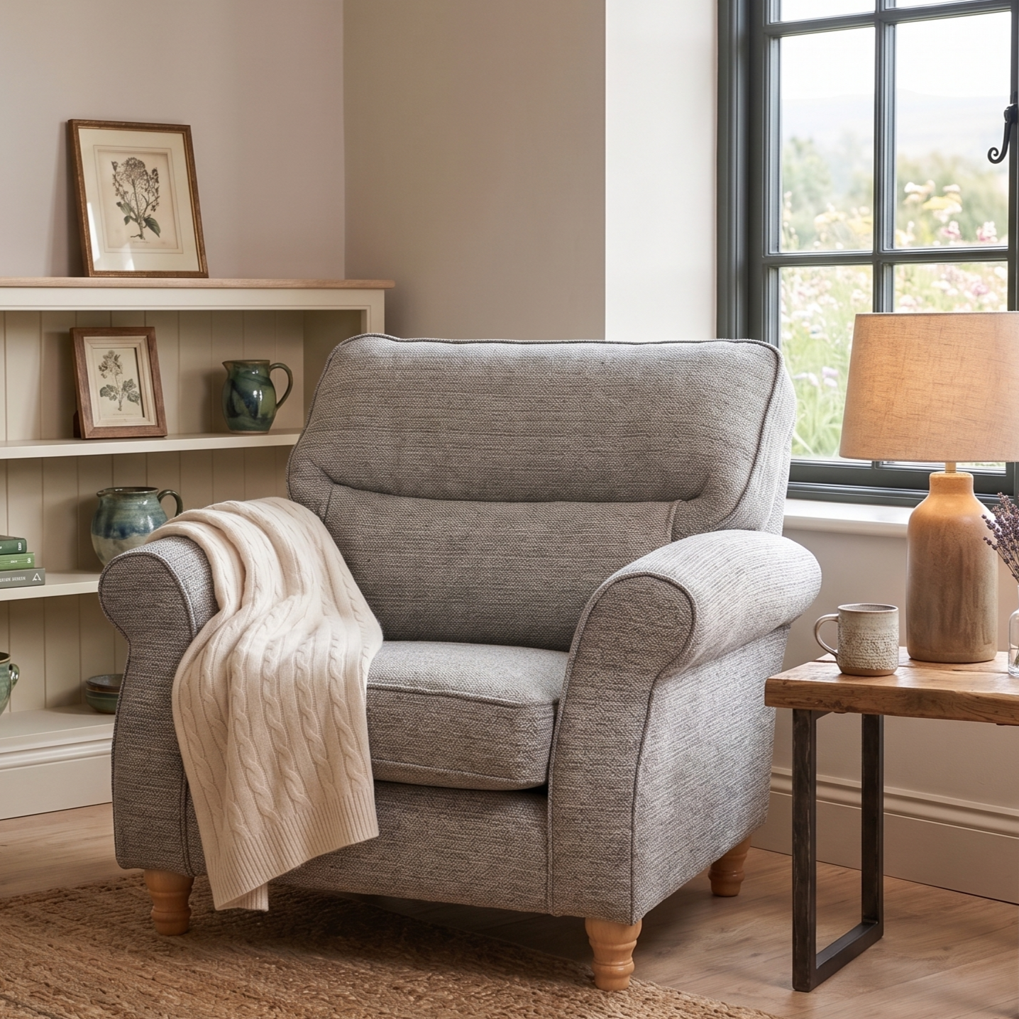 A light gray upholstered armchair with rolled arms and wooden legs, styled in a cozy room setting with a cream throw blanket draped over the seat, a wooden side table with a lamp, and a window in the background.