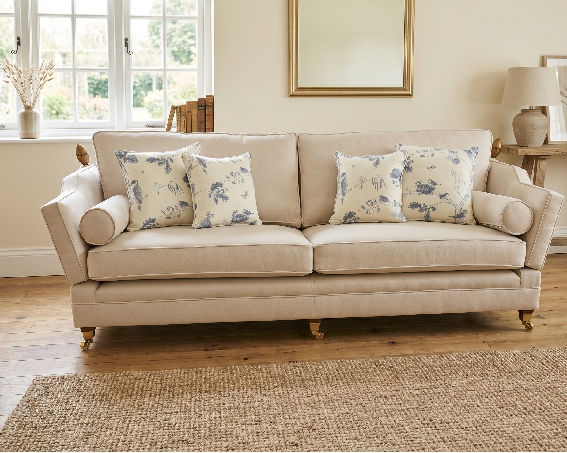 Beige sofa with floral cushions in a living room setting