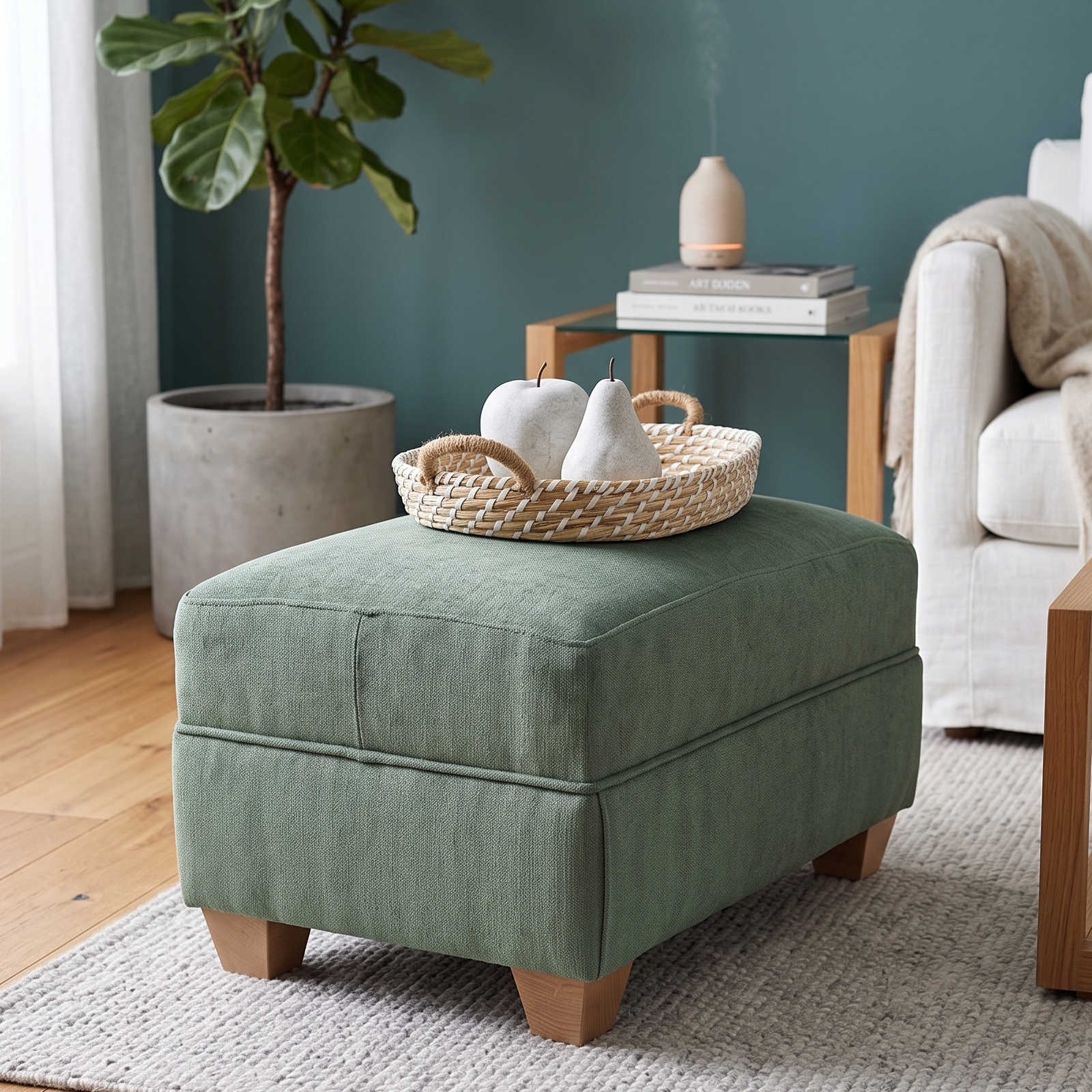 Green ottoman with a woven basket on top in a living room setting.