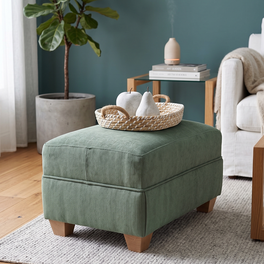 Green ottoman with a woven basket on top in a living room setting.
