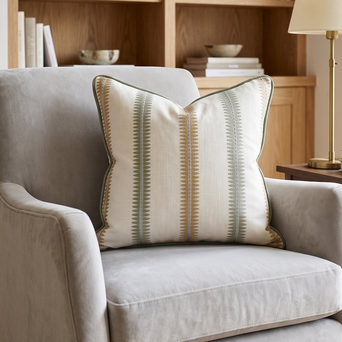 A light gray upholstered armchair in a styled living room setting, featuring a square throw pillow with vertical stripes in cream, sage green, and tan. The chair is positioned next to a wooden side table holding a brass lamp and a small potted plant, with a large wooden bookshelf in the background.