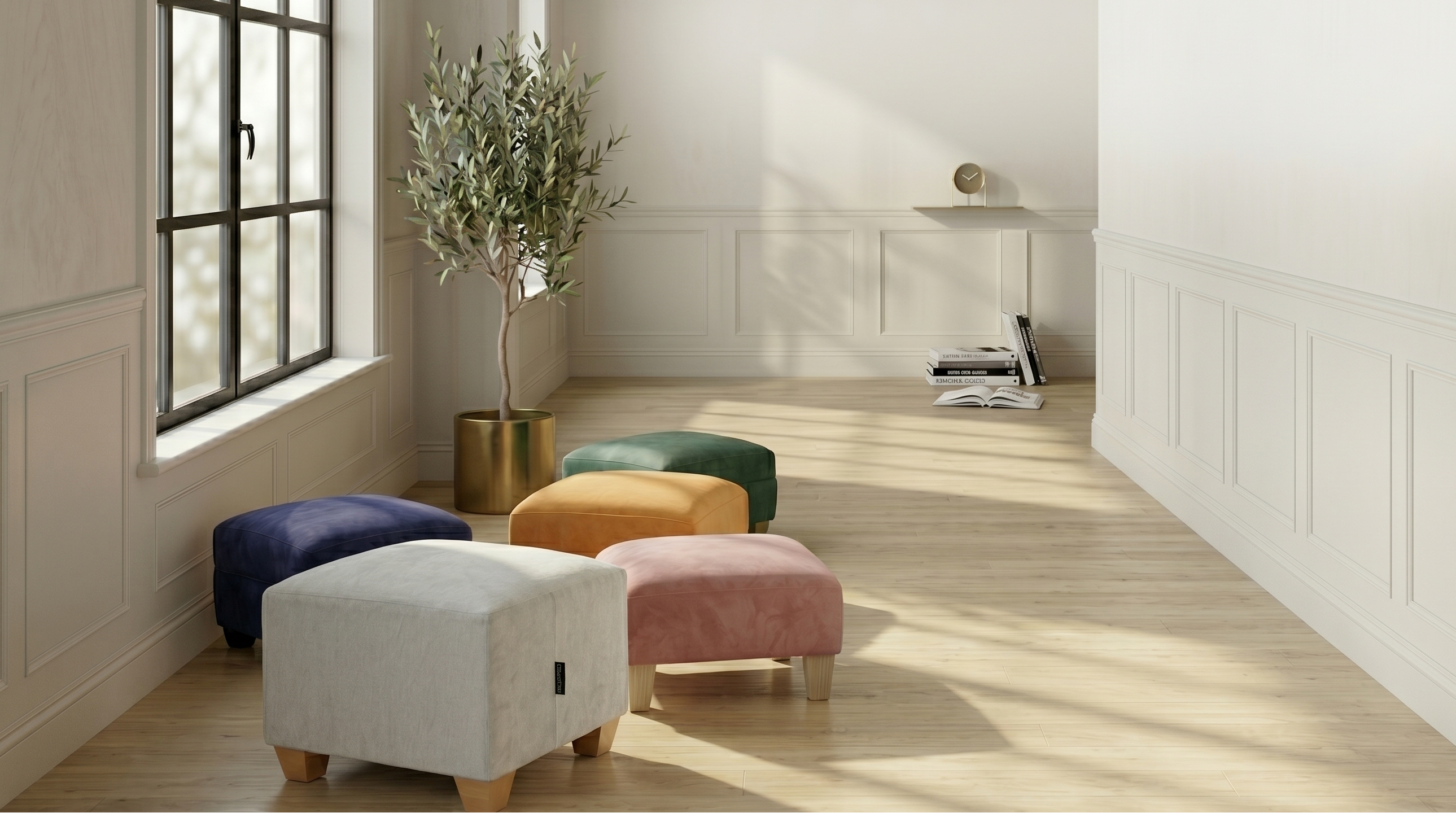 Colorful ottomans arranged in a room with a large window and plant.
