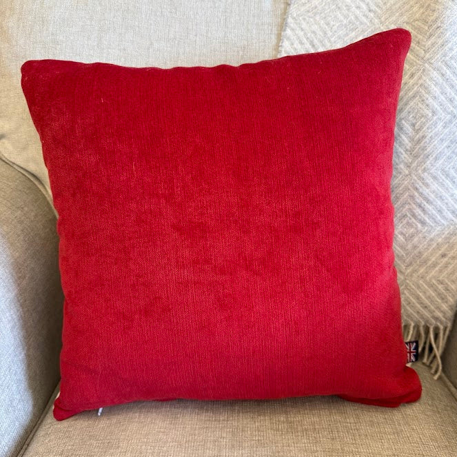 Red pillow on a beige couch with a neutral background