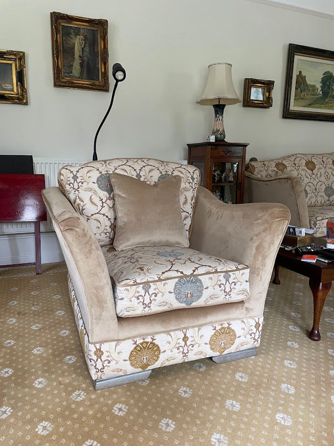 Sofa's and Chair in Mystere Velvet and Medallion fabric.