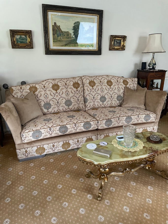 Sofa's and Chair in Mystere Velvet and Medallion fabric.