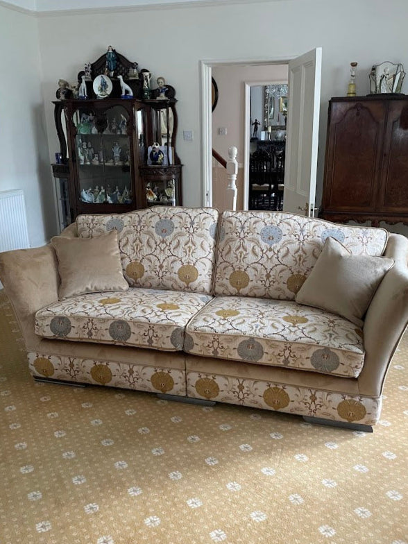 Sofa's and Chair in Mystere Velvet and Medallion fabric.