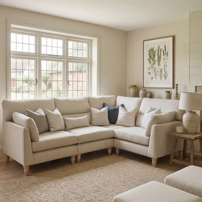 Cozy living room with a beige sectional sofa, decorative pillows, and a lamp.