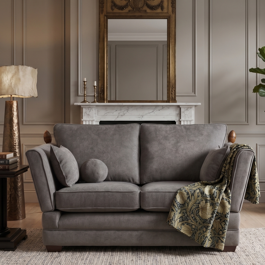 Gray sofa in a living room setting with a lamp, books, and plant.